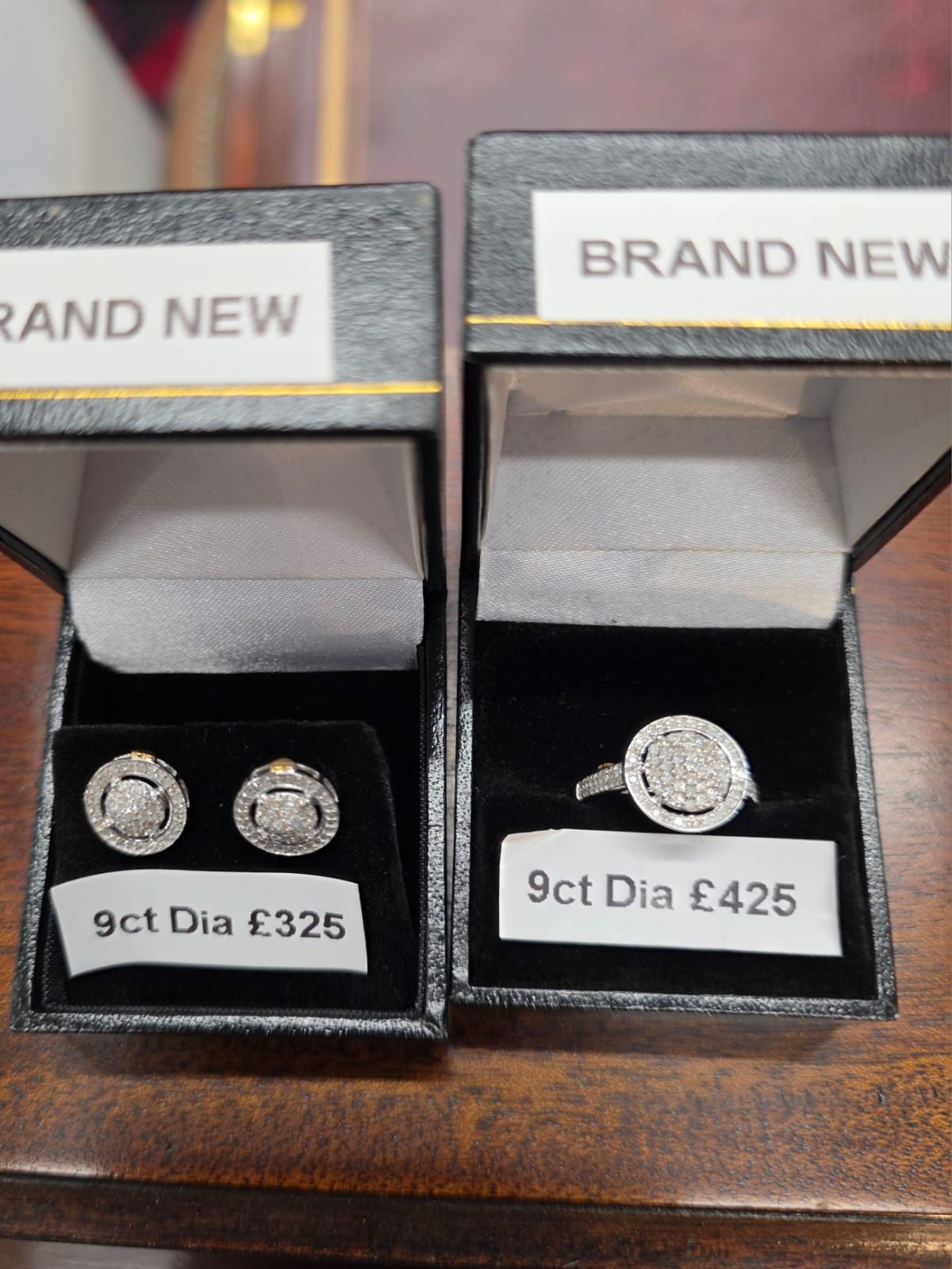 9ct white gold and diamond ring and earrings