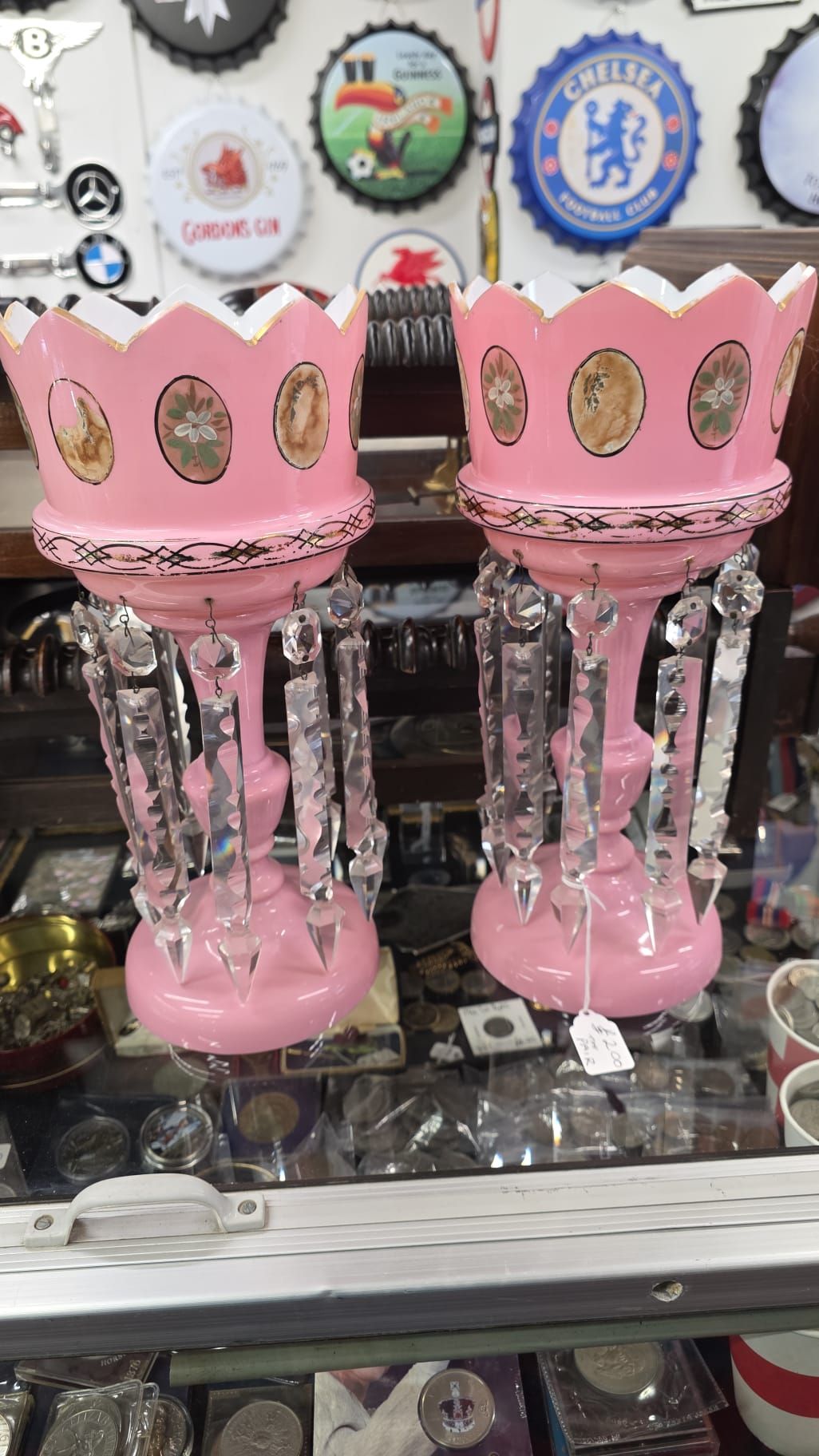Victorian pink glass lustres
